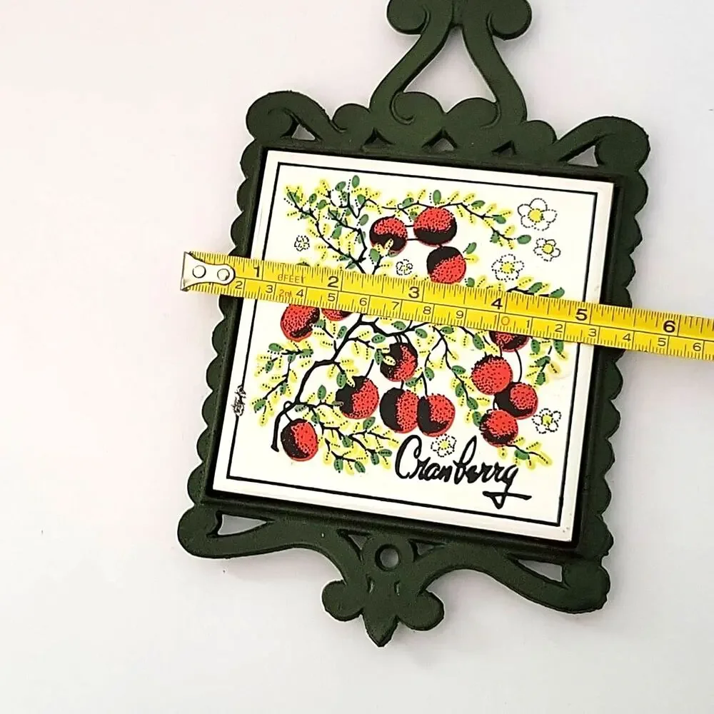 Vintage Mid Century Trivet Green Iron Cranberry Tile Footed Cottagecore Country